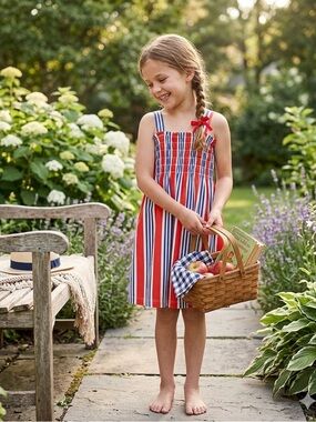 Hanna Andersson Smocked Stripe Dress 6-7 Americana Patriotic Red White Blue USA